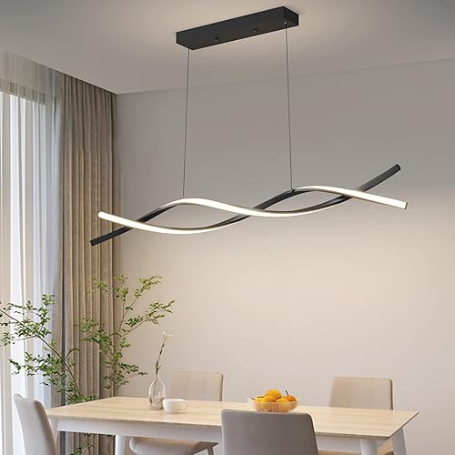 Miniatura 7 de Lámpara colgante LED moderna para comedor, regulable de 3000 K  6500 K, control remoto, lámpara de araña en forma de onda negra, 50 W, luces