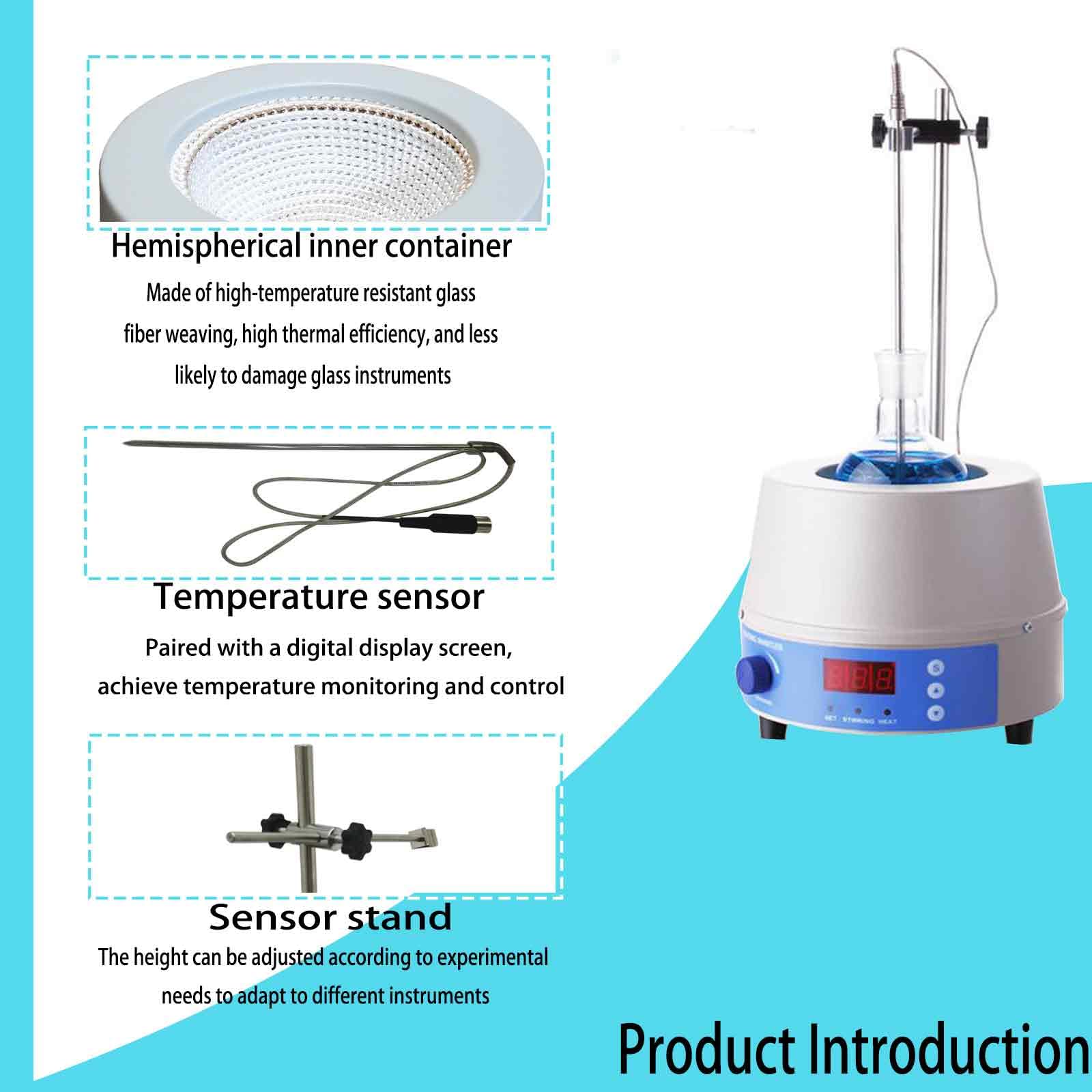 BEILOCKERY 110V Stirring Digital Display Thermostatic Heating Sleeve with Support Stand, 1000ML Magnetic Stirrer Heating Mantle with Temperature Sensor, Hemispheric, 350W