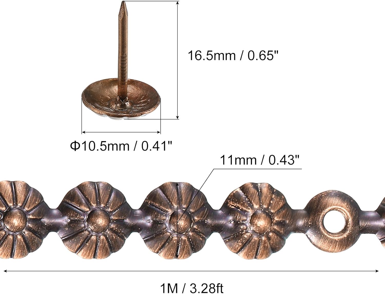 uxcell 15Pcs Upholstery Tacks Strips, 1Meter Flower Decorative Nail Trims for Sofa Headboard Chair Furniture with Upholstery Nails (11mm Copper)