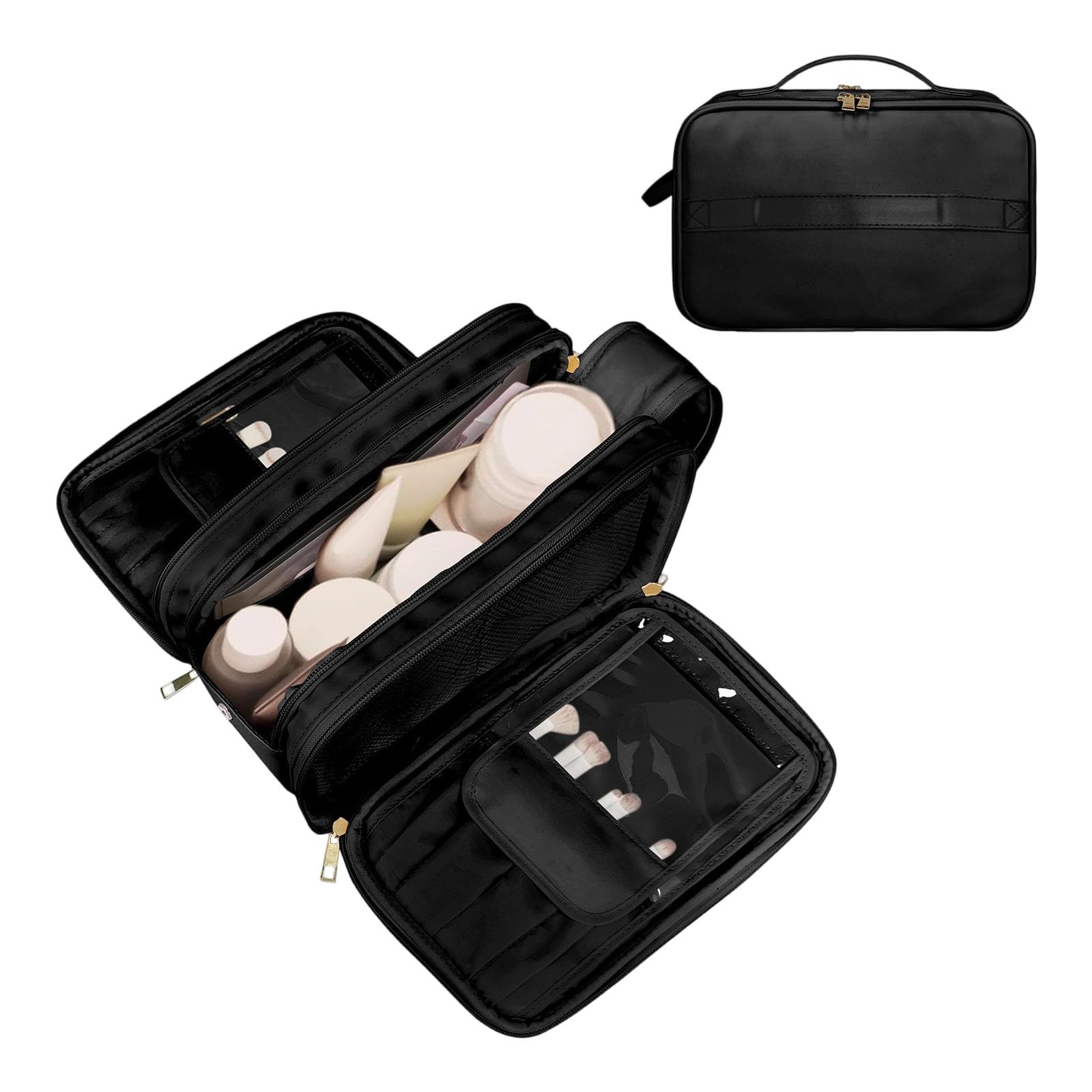 Kalttoy Black Easy To Cleaning Makeup Organizers Featuring Vertical Brush Holder Pu Leather Surfaces Sturdy Large Capacity Travel Case