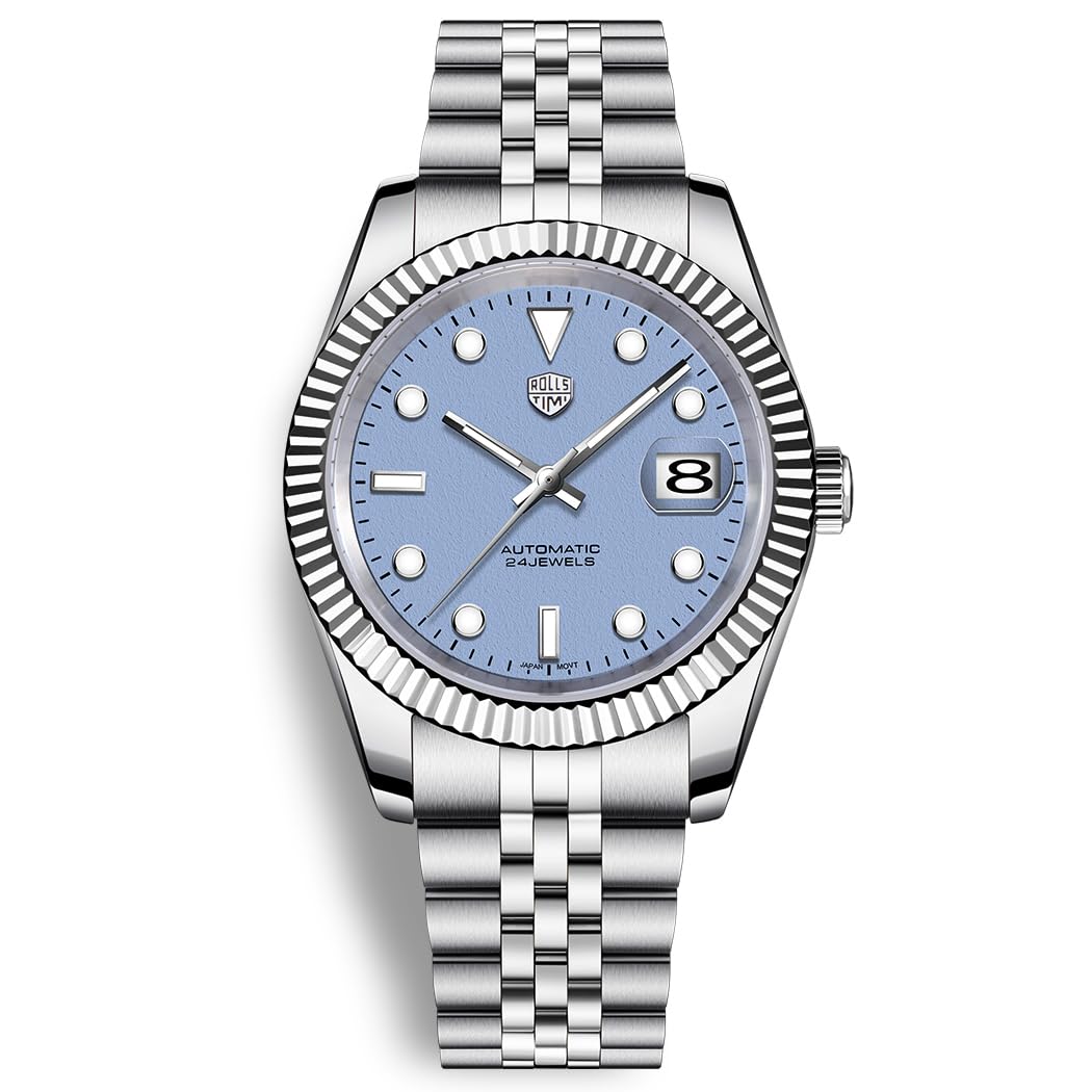 RollsTimi Automatic Men's Watch, NH35A Movement, 40mm Stainless Steel Case Waterproof Wrist Watch for Men Luminous Hands & Day Display, Stylish for Business, Casual & Sports (RT-7930 Light Purple A)