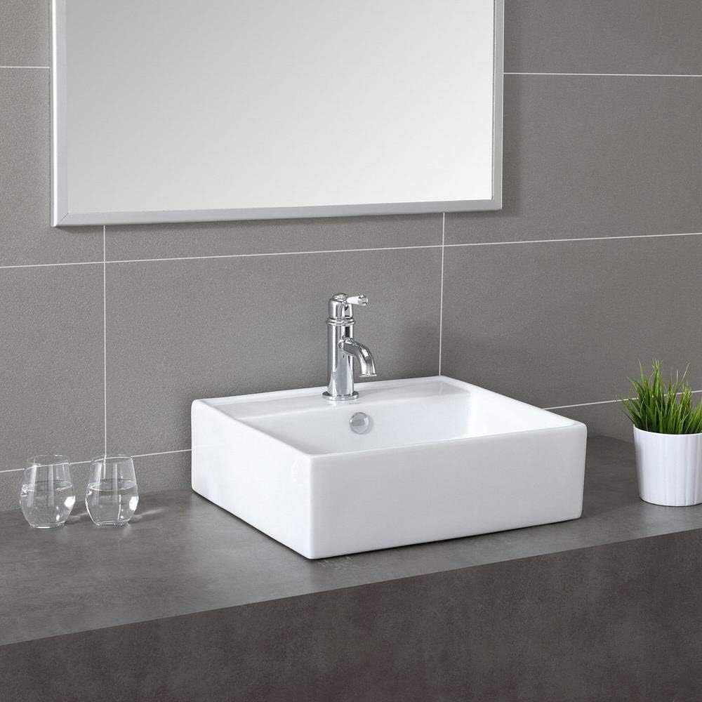 Best Deal Kraus KCV-150 Elavo Square Vessel Porcelain Ceramic Bathroom Sink with Overflow, 18 1/2, 18.5 Inch, White