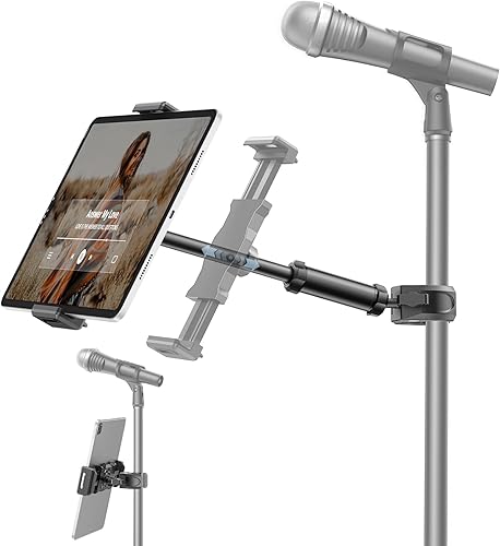 KDD Soporte para iPad para soporte de micrófono, soporte ajustable para tableta y teléfono para soporte de música de micrófono, soporte de manillar