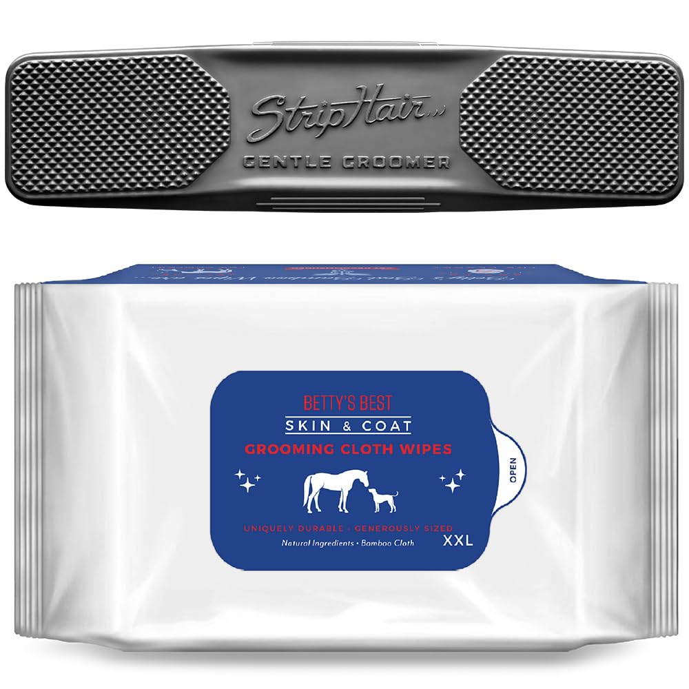 StripHair Horse Dog Grooming Set 2pc – Gentle Groomer 6-in-1 Shedding Massage Brush (original black) and Bamboo Coat Care Wipes (12x12in)