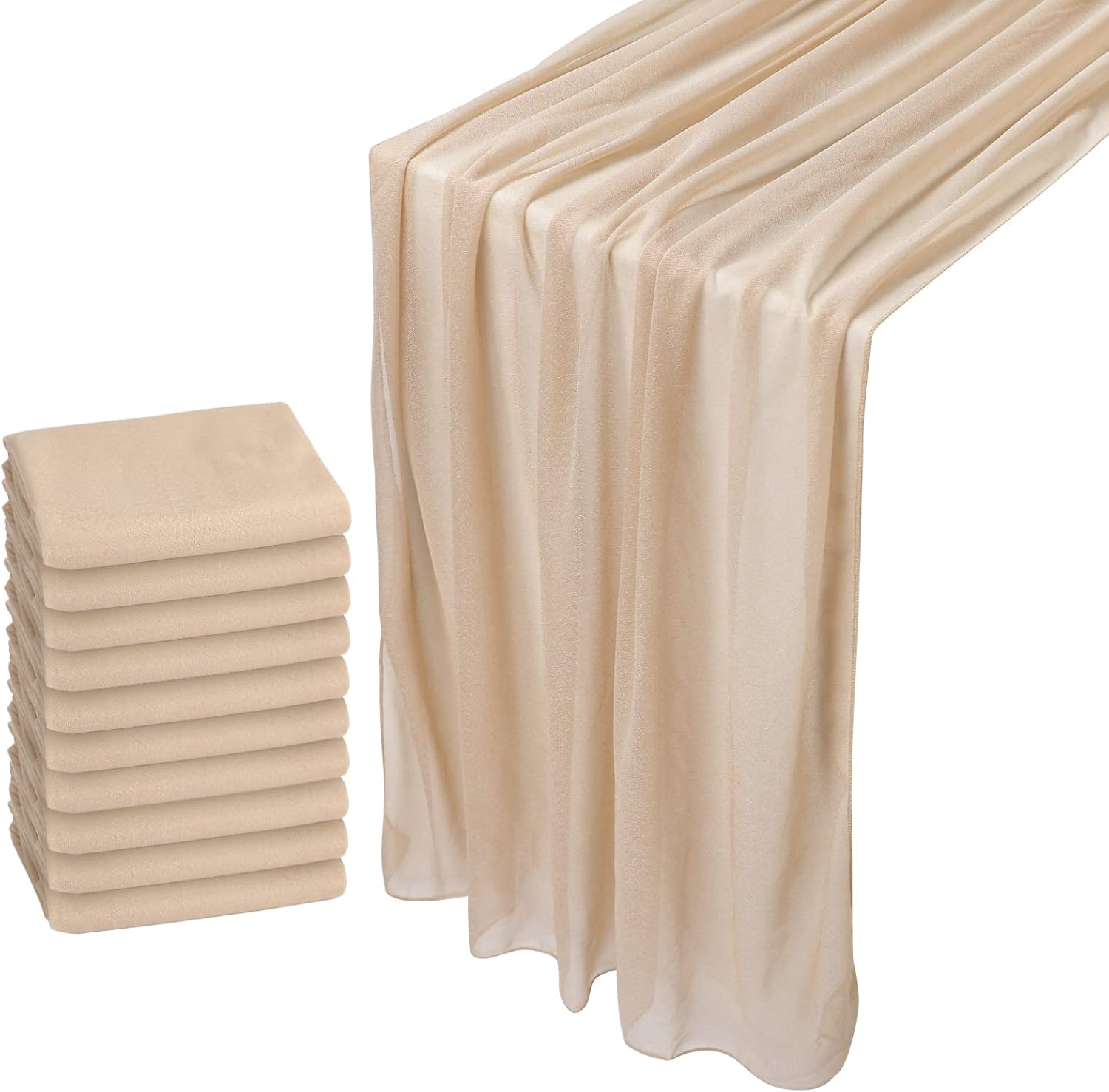 WELTRXE 10 Pack Champagne Chiffon Table Runner 30x120 Inches Romantic Sheer Wedding Table Runner Glitter Brown Tulle Fabric Party Table Decorations for Wedding, Birthday Party, Bridal & Baby Shower