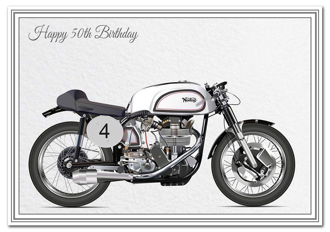 Birthday Card for 50th Birthday- Classic Motorbike Biker - Special Unique Unusual - Cool Vector Art - Adult or Teenage Happy Bday - Greeting - Blank inside - 1950's Norton Manx-500cc - Made UK