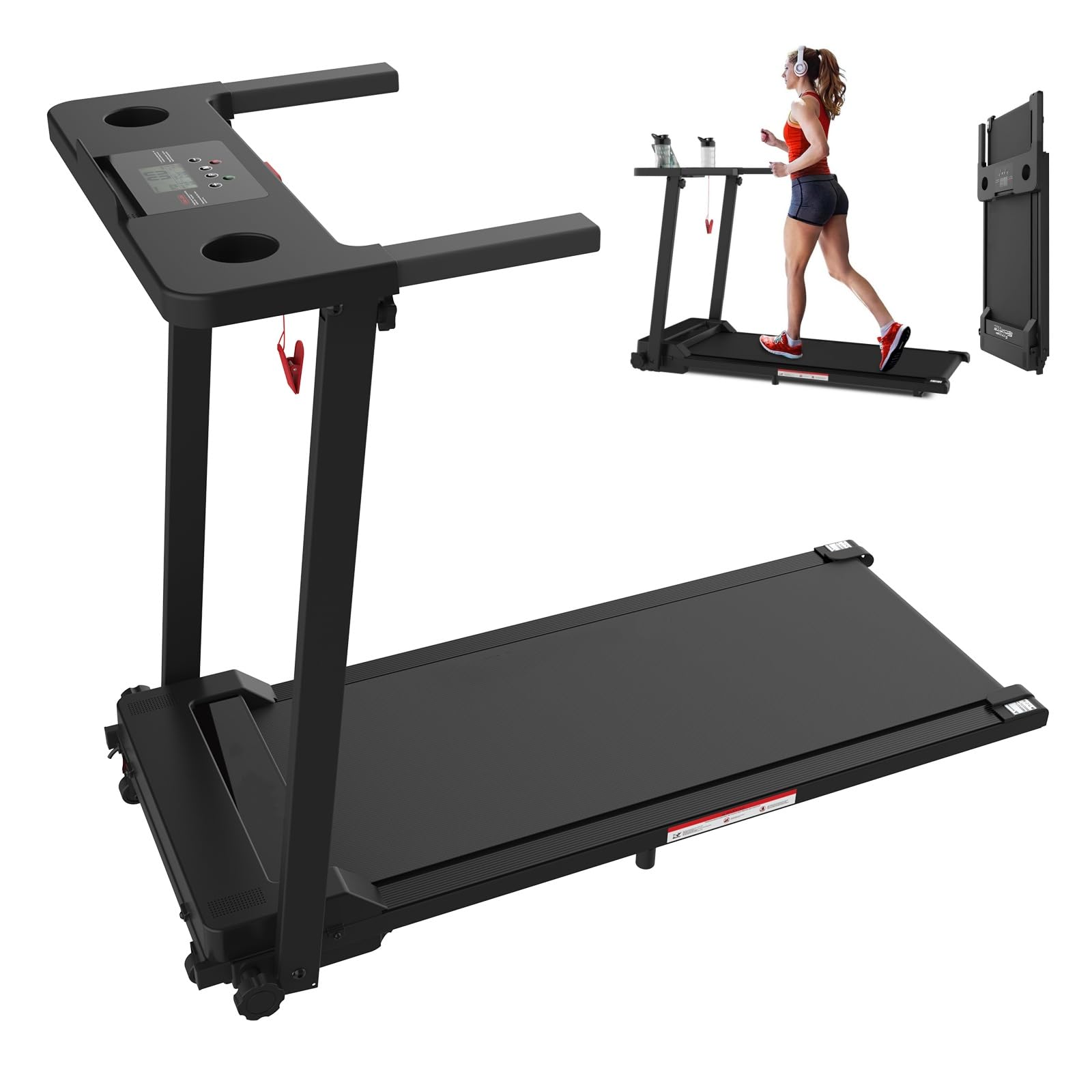 ADVWIN Treadmill control panel with LCD display, iPad holder, and indicators for speed, time, distance, and calories.