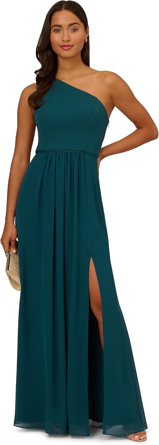 Adrianna Papell Women's One Shoulder Chiffon Gown | Long Evening Gown with Pleated Skirt, Fitted Bodice & Side Leg Slit, Hunter 6 - Image 4