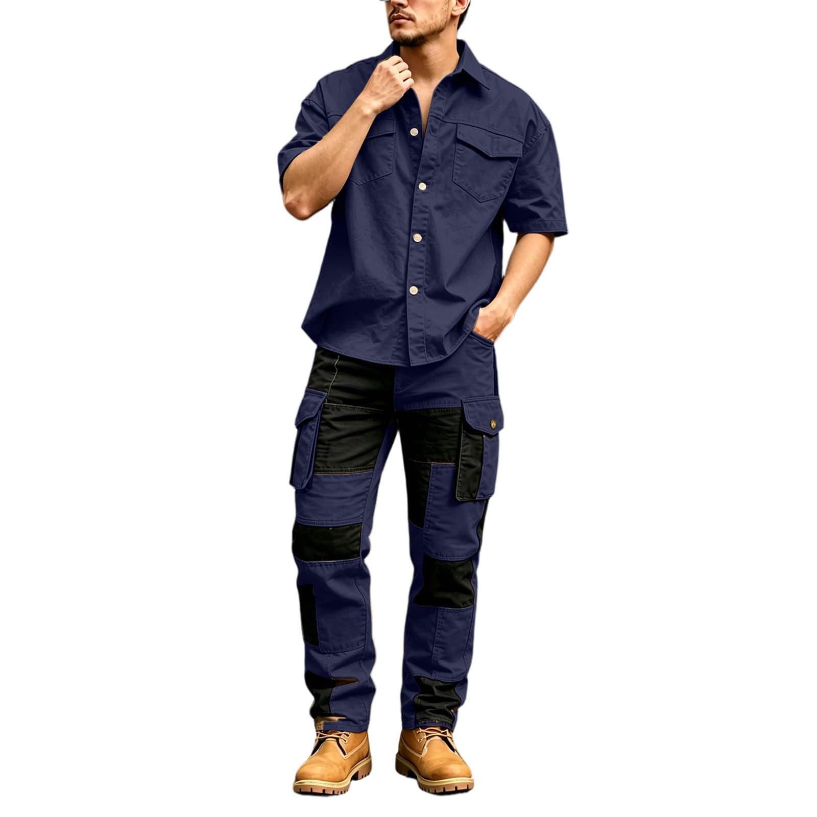 Generisch Set da due pezzi con pantaloni cargo patchwork con camicia tinta unita, abbigliamento casual da uomo