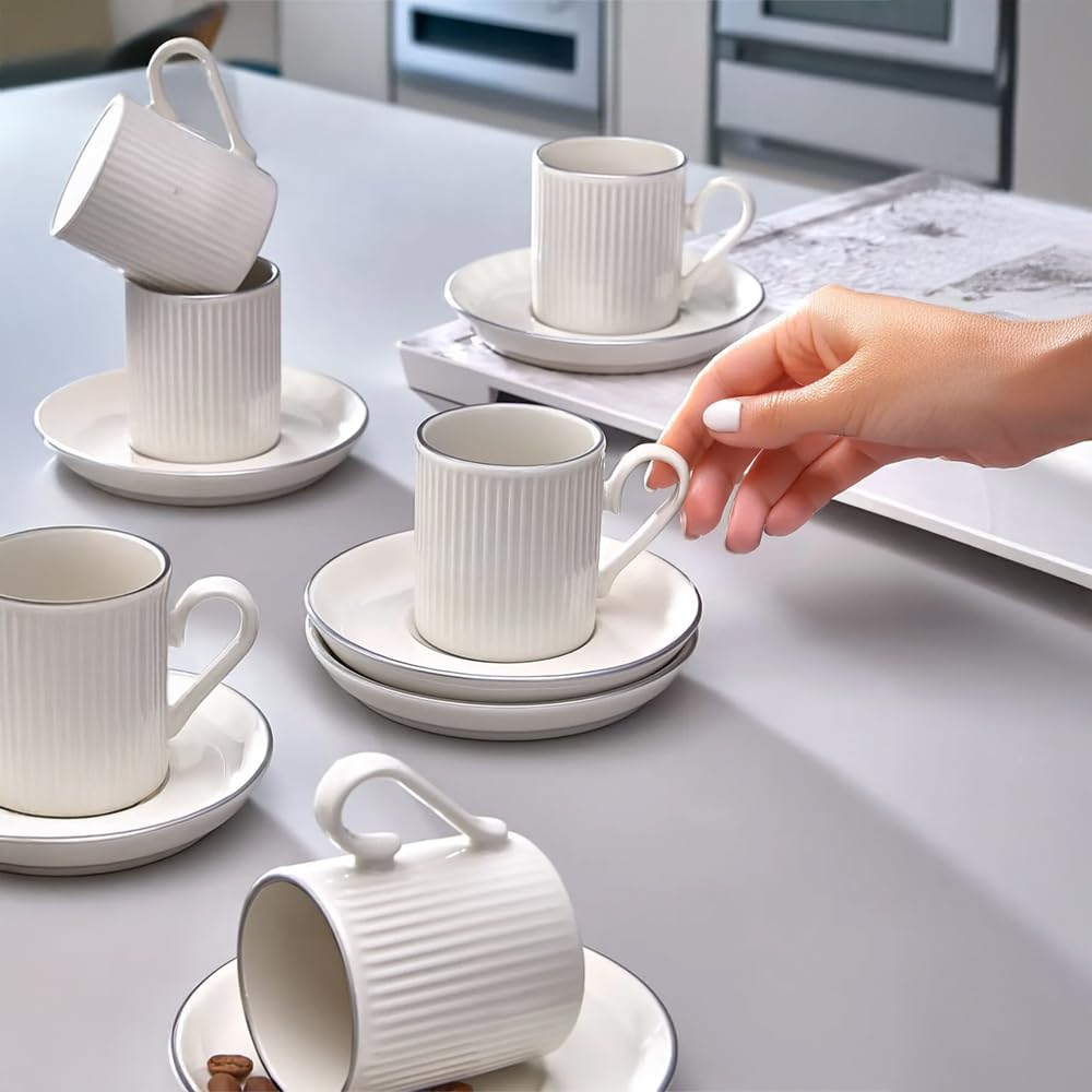 Juego de 12 tazas de café espresso de porcelana, 100 ml, diseño de rayas plateadas, para 6 personas, elegante set de regalo