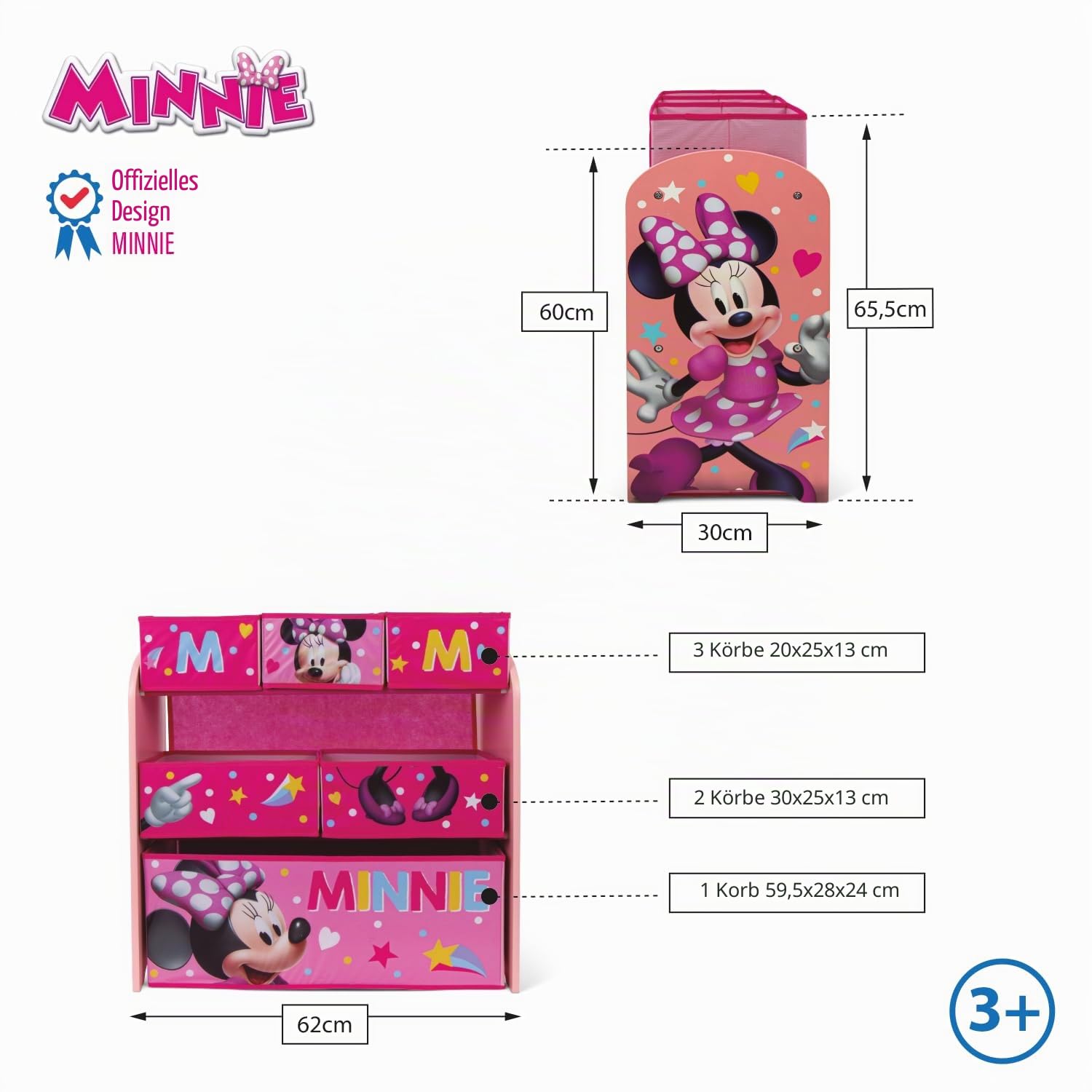 ARDITEX – Organizer aus Holz mit 6 Textilboxen mit Minnie-Mouse-Motiv von Disney – 62x30x60 cm – Farbe Rosa – Perfekt zum Aufbewahren von Spielzeug im Kinderzimmer