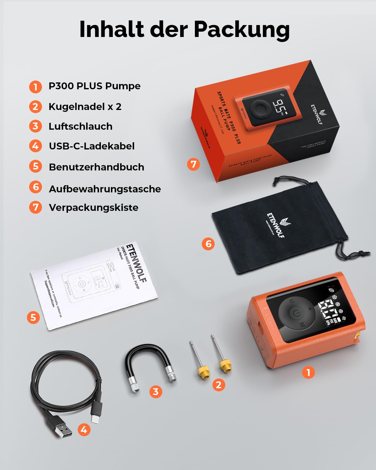 ETENWOLF Elektrische Ballpumpe,Tragbare Luftpumpe Aufblas und Abpumpfunktion 0,14-1,17 Bar,Basketballpumpe mit präzisem Manometer, Wiederaufladbare Luftpumpe für Bälle, ballpumpe fußball