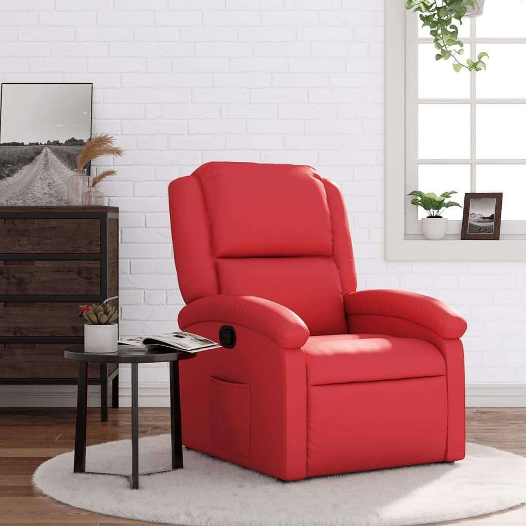 Poltrona relax con funzione reclinabile, poltrona TV regolabile fino a 135 gradi, poltrona imbottita in ecopelle con poggiapiedi e tasca laterale, poltrona TV per soggiorno, rosso, 71 x 86,5 x