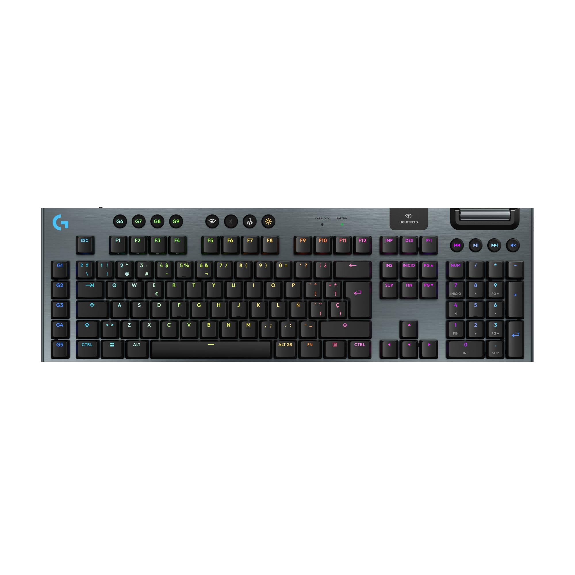 Logitech G G915 X Lightspeed Teclado para Gaming inalámbrico de Perfil bajo, Teclas de PBT de Doble Moldeado, Elegante Acabado en Aluminio, interruptores táctiles Marrones GL, PC/Mac,QWERTY ESP,Negro