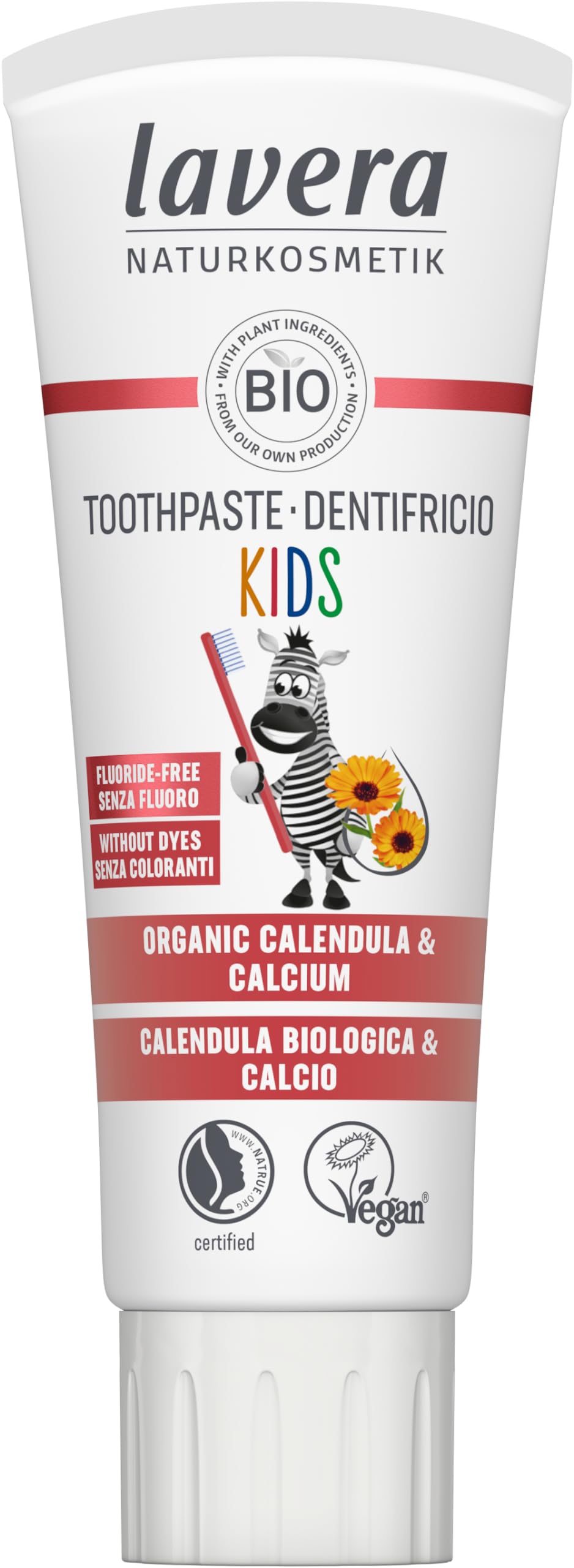 Toothpaste Kids Fluoride-Free - Without colourants - Protects Milk Teeth - Mildly Fruity - Organic Calendula & Calcium - Vegan - 75 ml