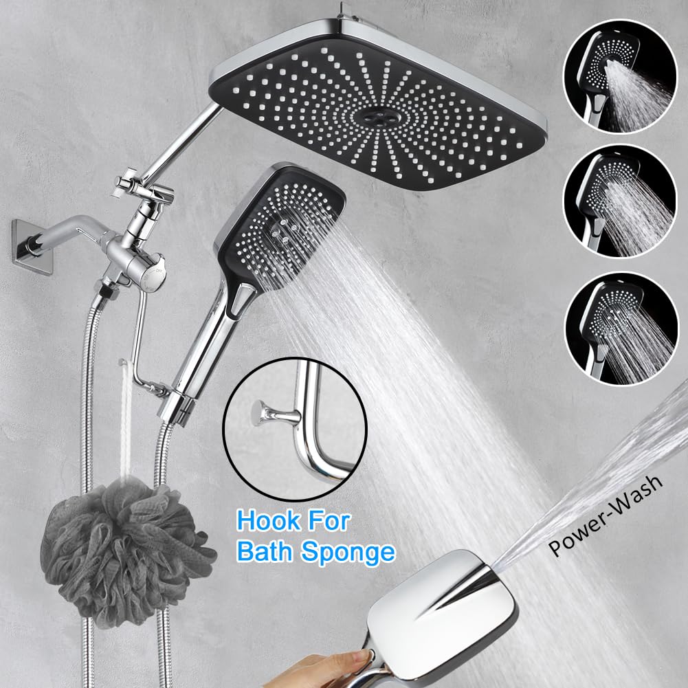 CyberWater - Cabezal de ducha de 12 pulgadas con rociador de mano, modo de lavado a presión integrado, desviador de 3 vías con ajuste de pausa, brazo de ducha de extensión ajustable,