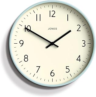 JONES CLOCKSÂ® Studio Round Wall Clock - Round Clock - Modern Clock - Designer Clock - Kitchen Clock - Living Room Clock - Office Clock - Easy to Read Dial - Contemporary Design (Clear Blue)