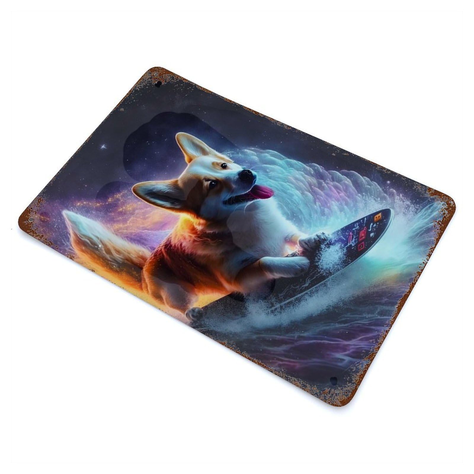 Amazing Dog Surfing Cosmic Rustic Tin Plaque 11.8"x7.9", Novelty Wall Decor for Garage, Pub Or Kitchen