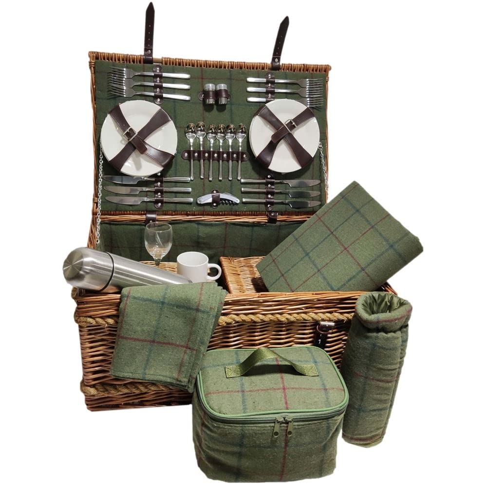 Rope Handled 6 Person Green Tweed Picnic Basket -