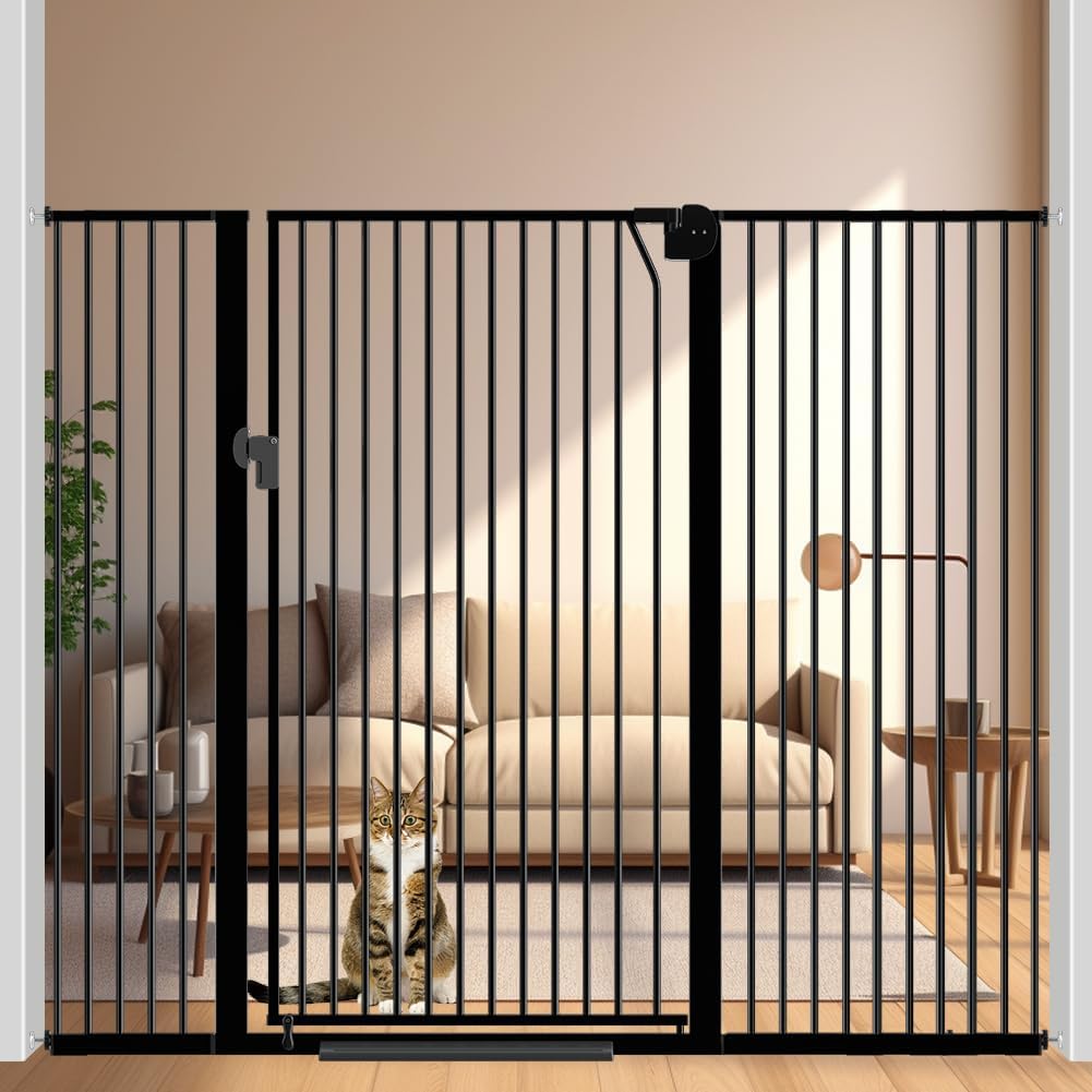 ( color white )59" Extra Tall Cat Gate for Doorway, 50.8"-54.7" Wide Pressure Mounted High Pet Dog Gate, Auto Close Safety Gate for Indoor Stairs,Doorways, Kitchen Black 50.8"-54.7"