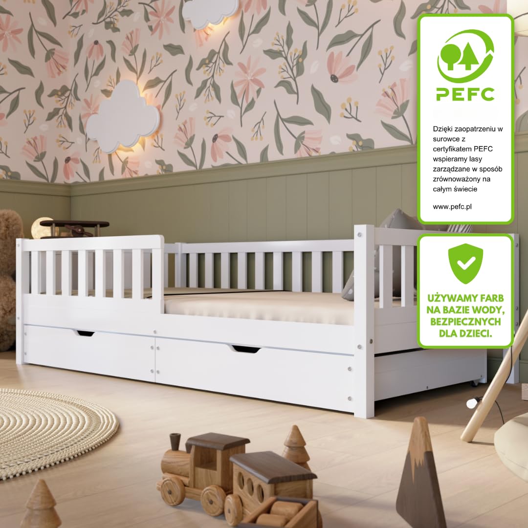 Łóżko dziecięce z szufladami Crazy Basic 200 x 120 cm - Montessori białe łóżko z zabezpieczeniem przed wypadnięciem - Bezpieczne dla najmłodszych - Łatwy montaż