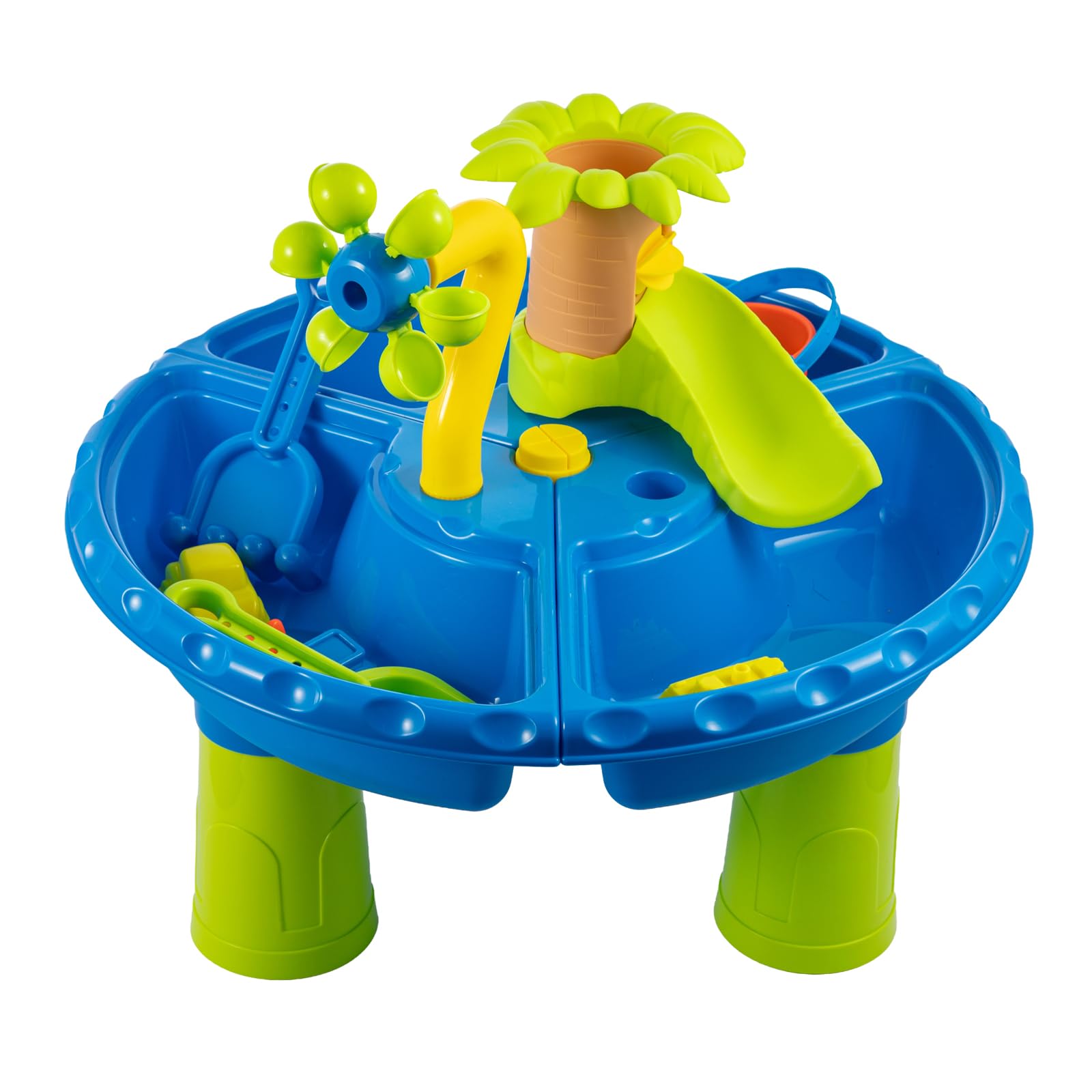 FERNVALE Sand and Water Table for Toddlers, Double Compartment Sensory Play Table Portable Outdoor Water Play Set with Water Wheel, Boat & Moulds for Kids 18 Months+ (21)