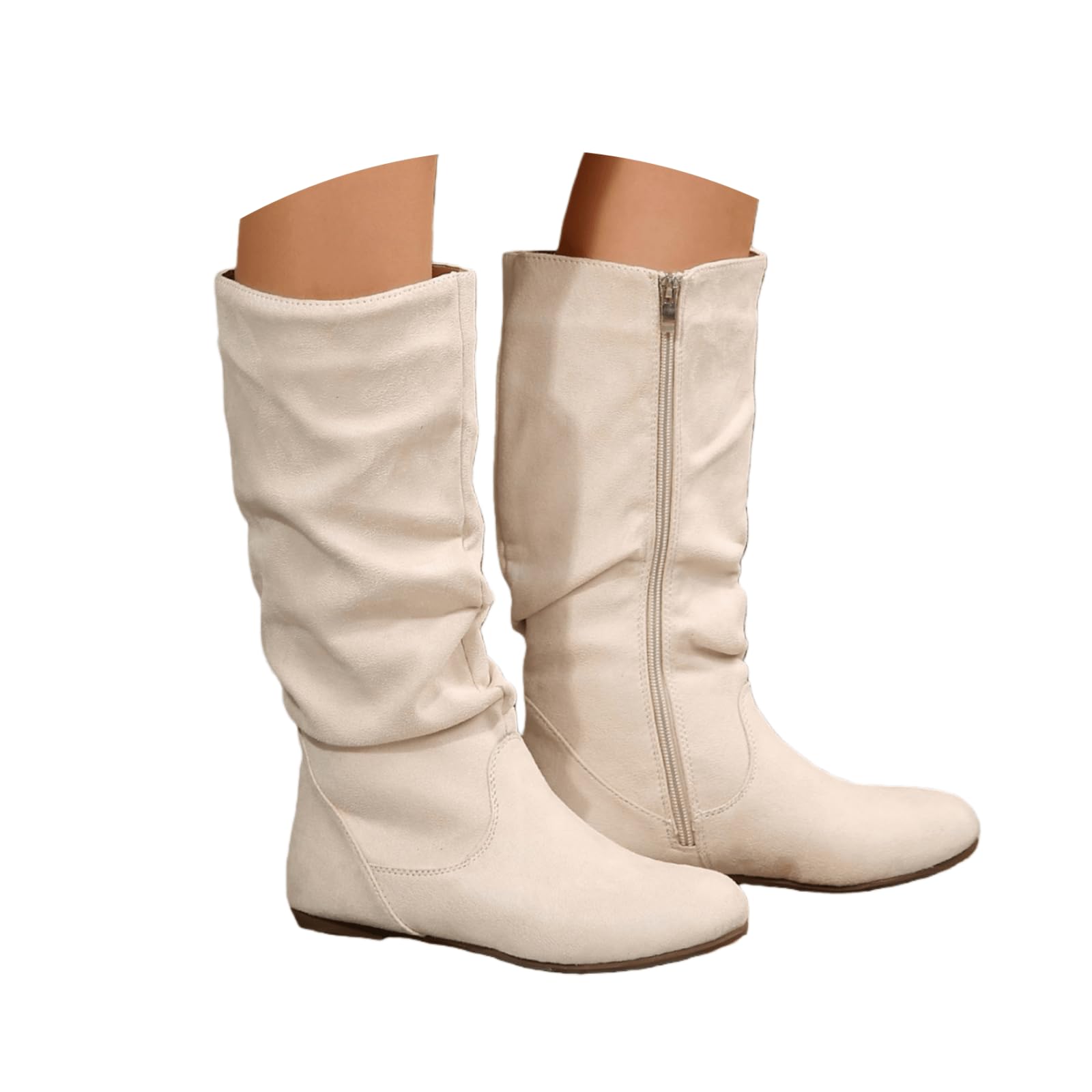 Slouchy Boots For Women Flat Low Heel Mid Calf Pointed Toe Slip on Comfortable Walking Fall Cowgirl Knee