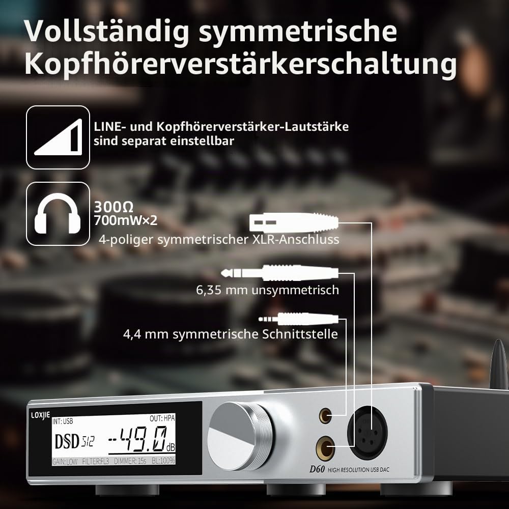 LOXJIE D60 HiFi Kopfhörerverstärker Decoder 6,35 mm/4,4 mm Kopfhörer Jack 300Ω 700mW x 2 Bluetooth 5.1, I² S Getriebe 7 Filter ES9039MSPRO Chip mit Fernbedienung (schwarz) (Silver)