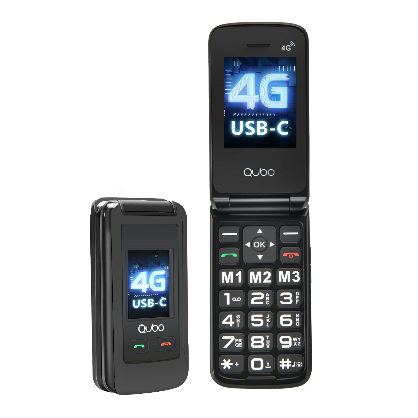 Qubo GSM Telefono Cellulare per Anziani 4G,Flip phone Telefoni Cellulari Tasti Grandi,Volume alto,Funzione SOS, 2.4"+1.77 Contatti con Immagini,Chiamata Rapida,Cellulare anziani Nero
