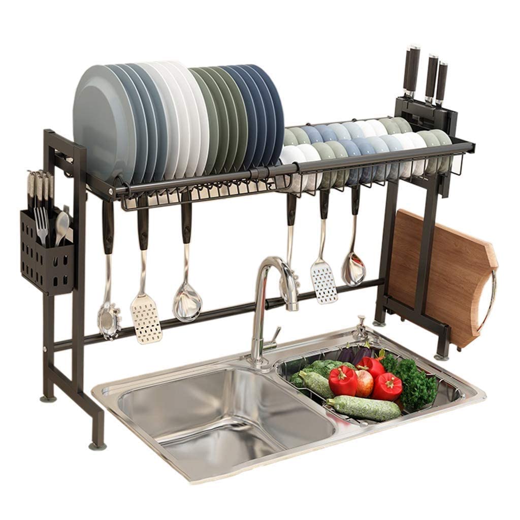 Support à ustensiles de cuisine, égouttoir à vaisselle suspendu, organisateur de vaisselle, étagère de rangement au-dessus de l'évier, support mural pour bol, revêtement noir en acier inoxydable D (B