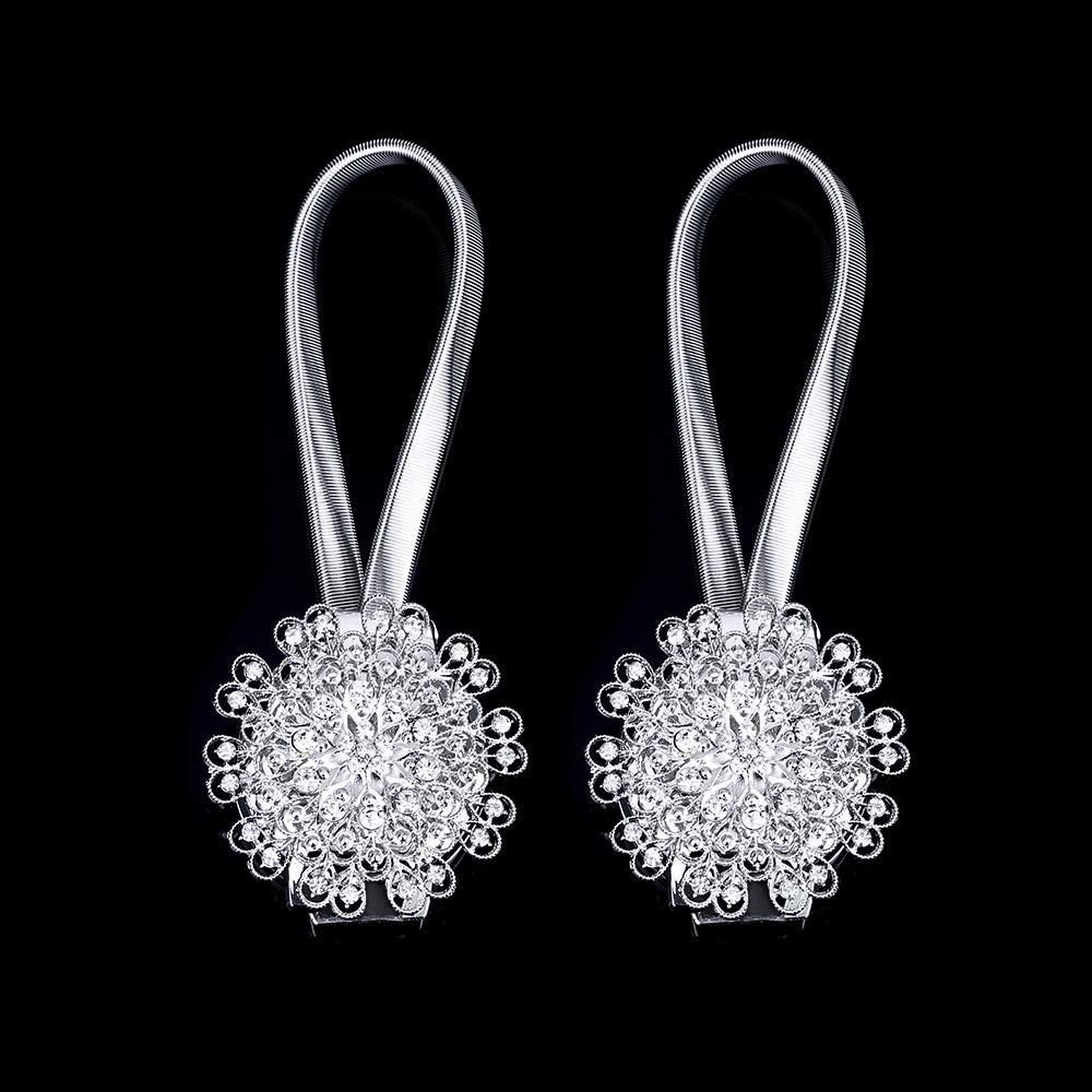 KISSTAKER1 Pair Crystal Magnetic Curtain Tiebacks Tie Back Clips Holdbacks Buckle Decorative Drapes (Silver)