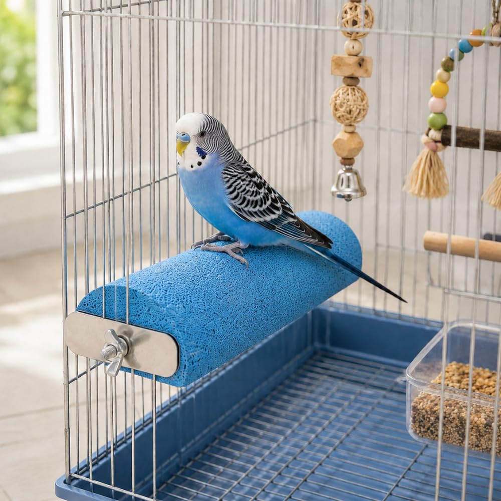 bird perch stone for cage, blue semi-cylinder bird chew toy with rough textured surface, beak & claw care grinding perch, cage accessories for parakeets, budgies, cockatiels, lovebirds, conures