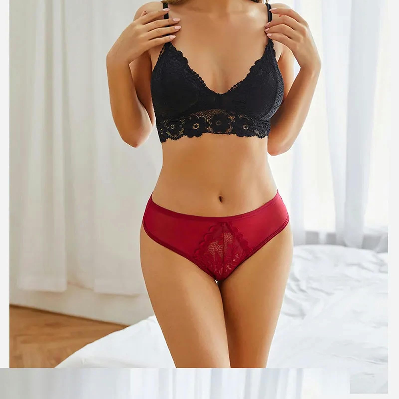 Ropa Interior Mujer 3pcs Set Sexy Encaje Tangas Mujeres Gantas G-String Perspectiva Floral Ropa Interior Mujer Suave Y Transpirable Lencería-Establecido 15-Metro
