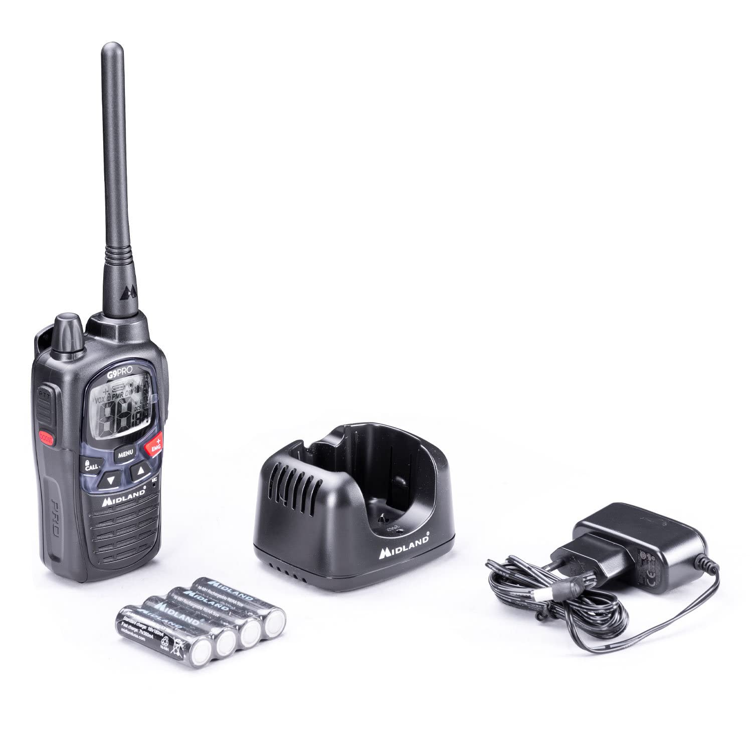 Midland - Walkie Talkie G9 PRO, Ricetrasmittenti Professionali IPX4 Waterproof per Softair e Outdoor, 101 Canali - 32 PMR446/69 LPD, Copertura 12Km, Autonomia 23H, 4 Batterie Ricaricabili e Accessori