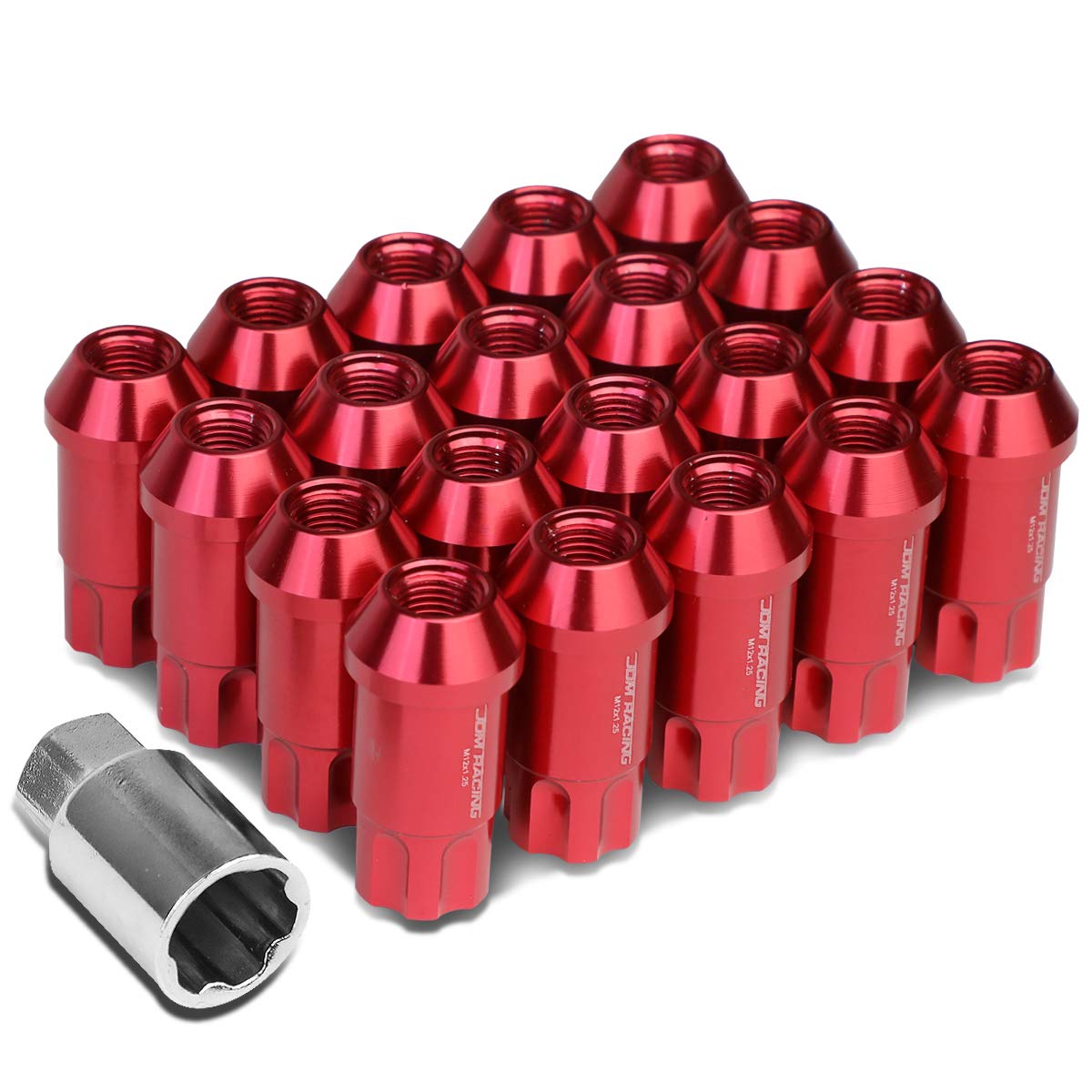 Dna Motoring Ln-Ztl-9024-125-Rd Red Open End Style M12 X 1.25 Wheel Lug Nuts W/Lock Key, 25mm Od/ 50mm Height, 20 Pack