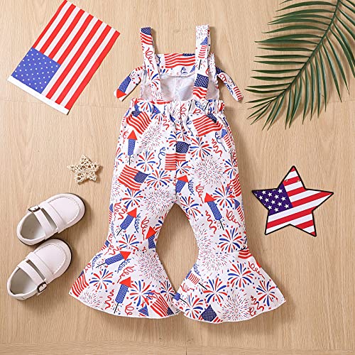 Noubeau Toddler Kids Baby Girl Fourth Of July Outfits American Flag Bell-Bottom Romper One-Piece Sleeveless Sling Jumpsuit (White-7, 3-4T) #TOP2