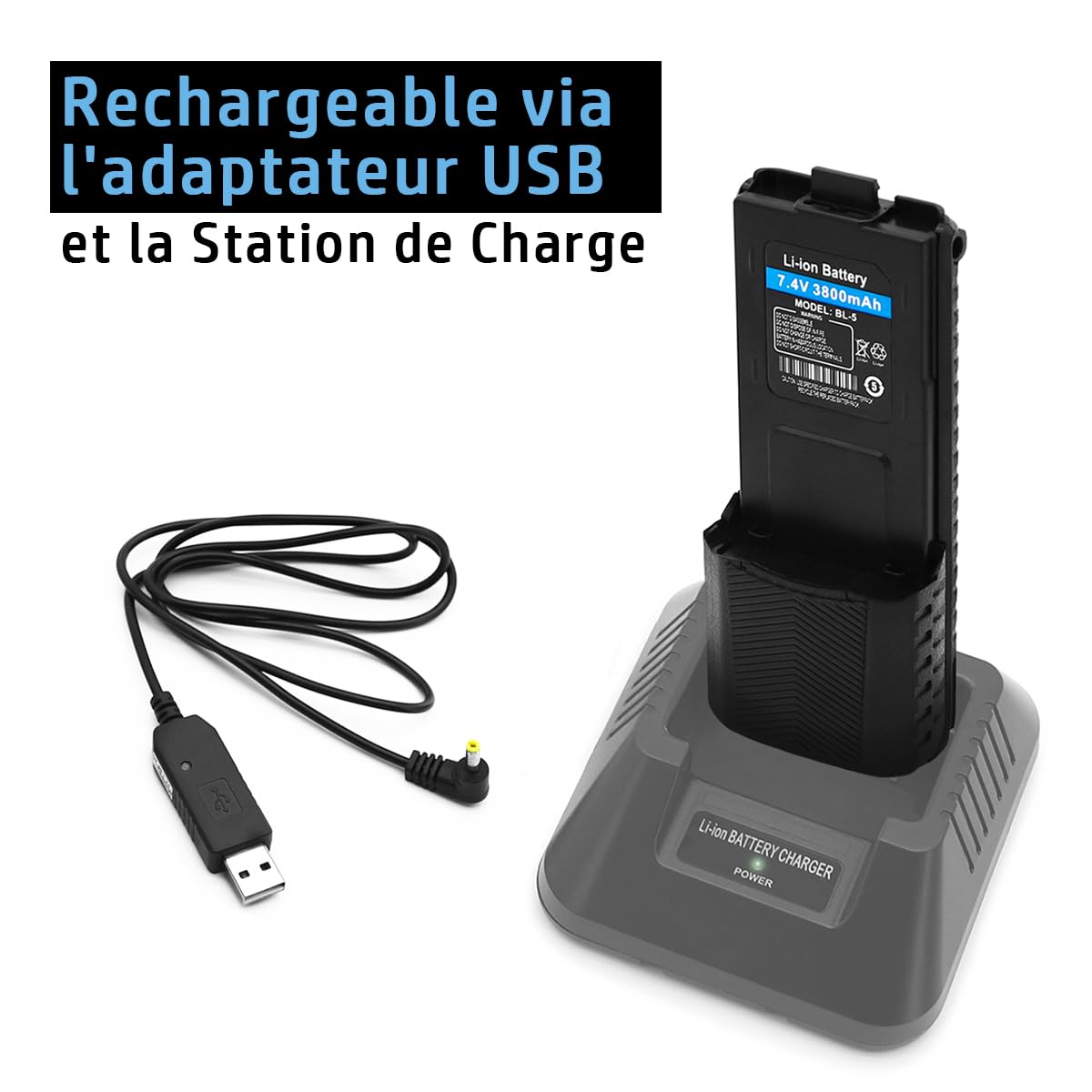 3800mAh 7,4V Batterie de Rechange Compatible avec Baofeng Radio UV-5R UV-5R+ RD-5R DM-5R BF-F8HP Talkie Walkie Li-ION Akku Pile Grande Capacité + Chargeur USB BL-5