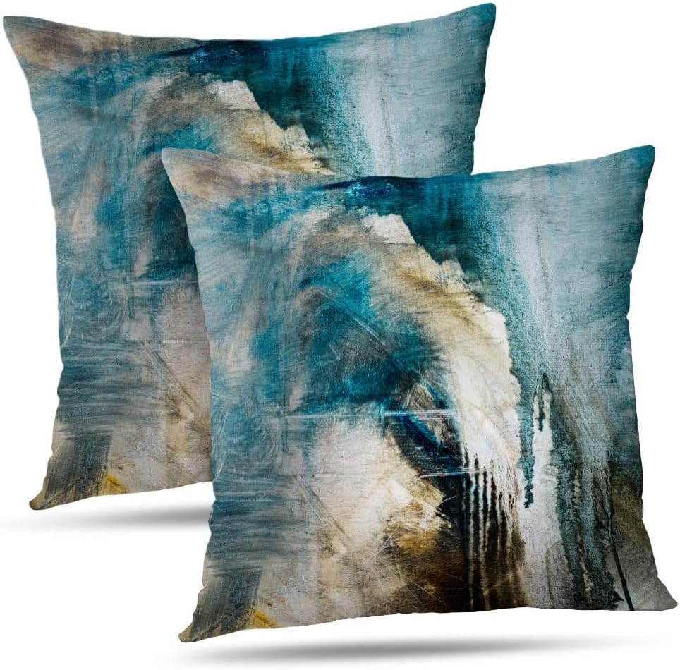 Oil-Painting 18 x 18 Set of 2 Decorative Pillow Covers, Turquoise Pillow Covers Abstract Color Artwork Throw Pillow Covers Square Sofa Cushion Covers for Living Room Bedroom Home Decor