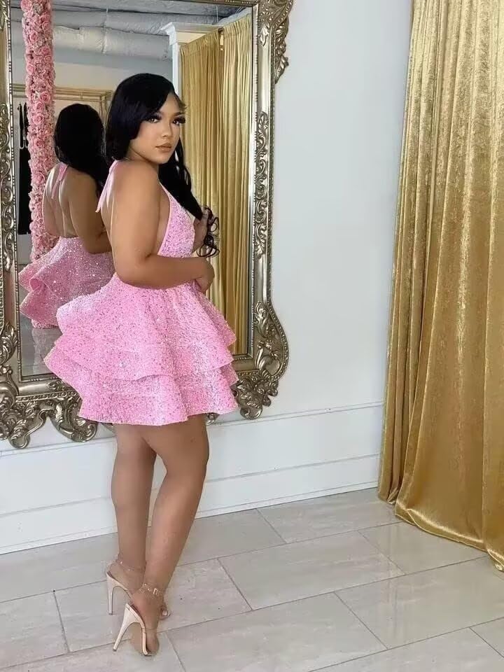 Sparkly Sequin Short Homecoming Dresses for Teens V Neck Tiered Layered Mini Prom Cocktail Party Dress2