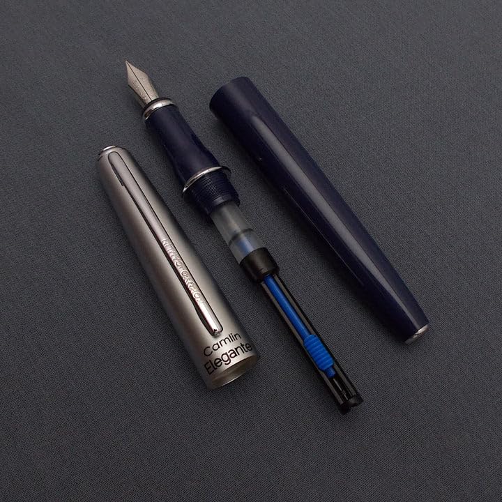 Image of Camel Premium Elegante Fountain Pen - Smooth Writing Handcrafted Fountain Pen | Gold-Plated Nib, Brass Cap & Chrome Body | Pack of 1 | Colour May Vary (Black, Blue, Red)