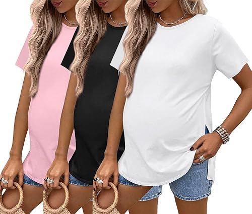 Ekouaer 3 Pack Maternity Shirts Short Sleeve Split Side Pregnancy