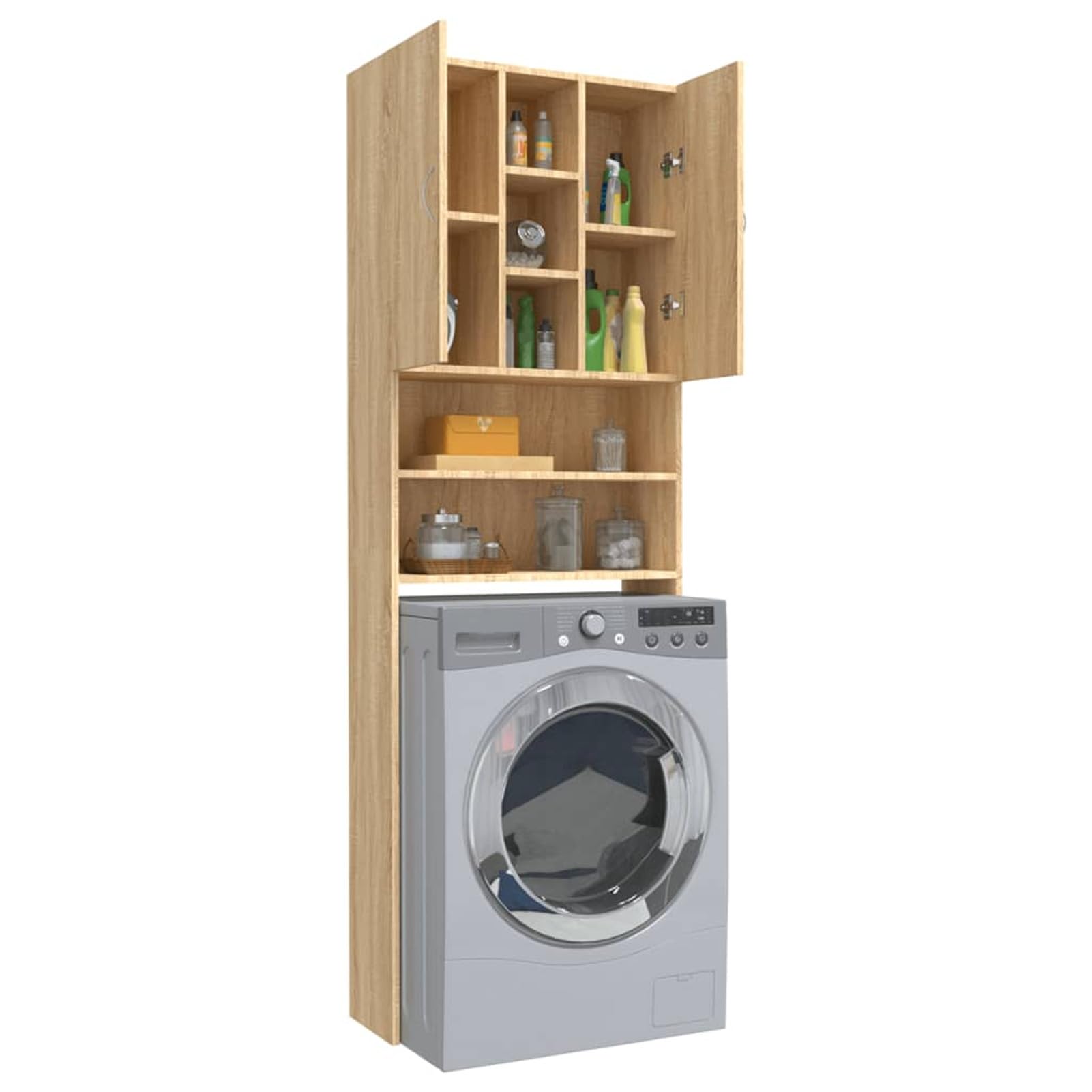Gecheer Mobile per Lavatrice, con 2 Ante e 9 Scomparti, 64 x 25,5 x 190 cm, in Legno Multistrato, Rovere Sonoma, per Bagno