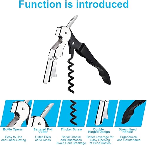 Miniatura 2 de BLUE world Kit de abridor de vino de acero inoxidable con doble bisagra y cortador de papel de aluminio para restaurante de camarero, sommelier,