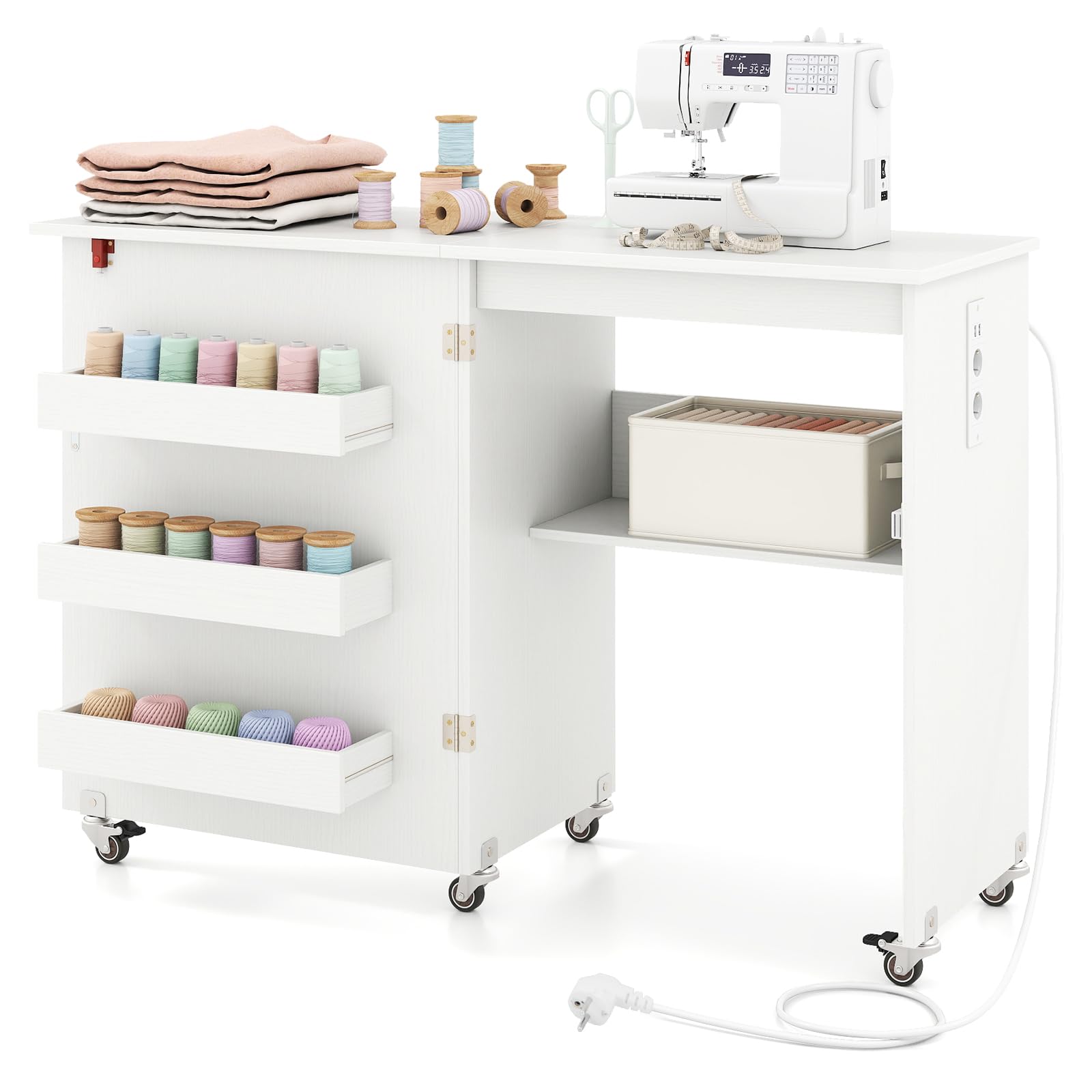 GIANTEX Nähtisch mit Ladestation, Nähmaschinentisch klappbar, Nähschrank mit Rollen, Nähmaschinenschrank Holz mit Stauraum, Nähtisch für Nähmaschine, Mehrzwecktisch 116 x 41 x 78 cm (Weiß)
