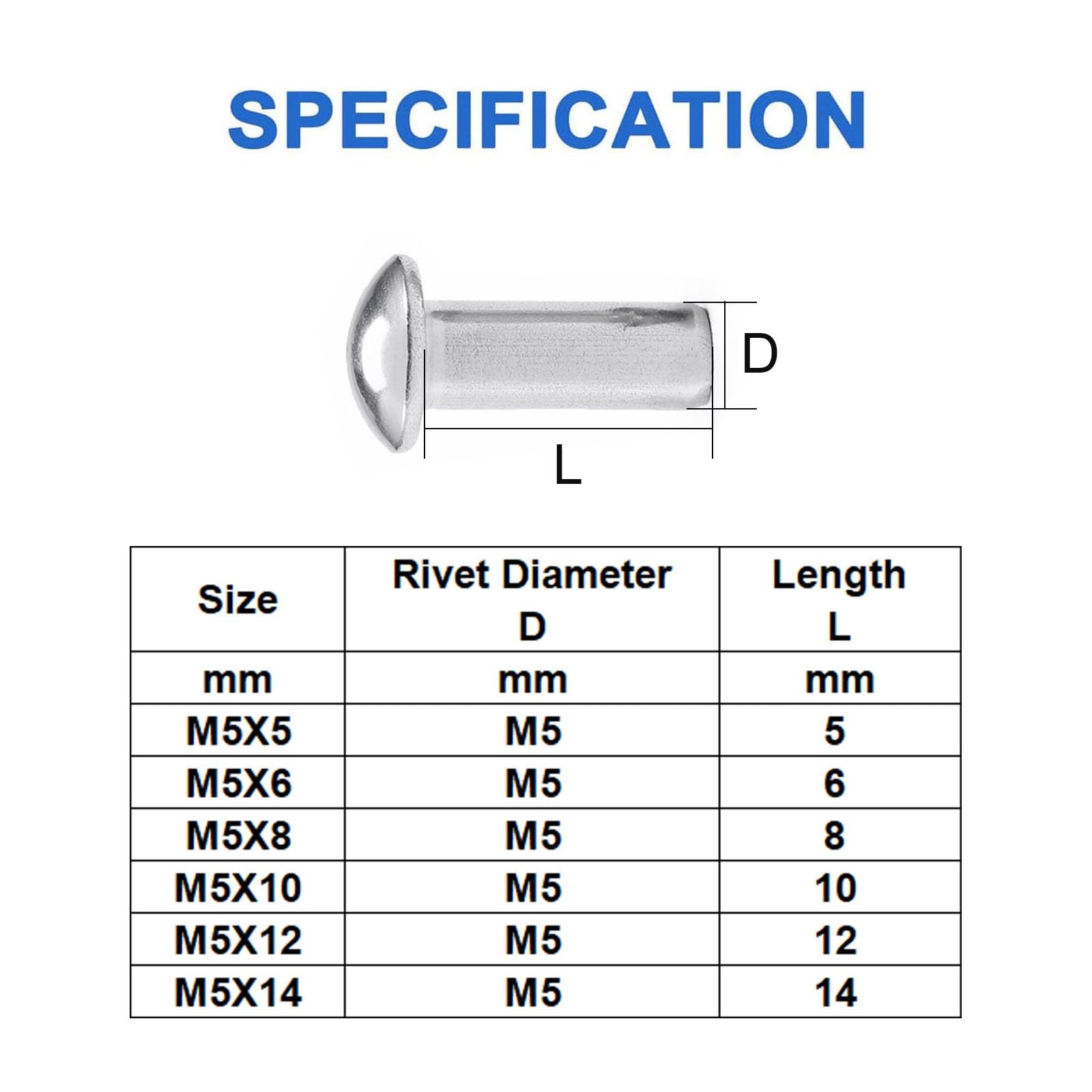 50 Pièces Rivets Massifs M5X45mm, Acier Inox Rivets Solides Tête Bombée