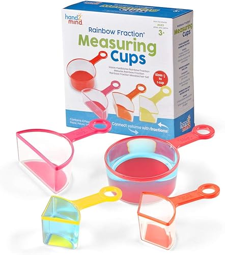 hand2mind Vasos medidores de fracción arco iris, manipuladores de fracciones, tazas medidoras para niños, suministros para hornear para niños, tazas