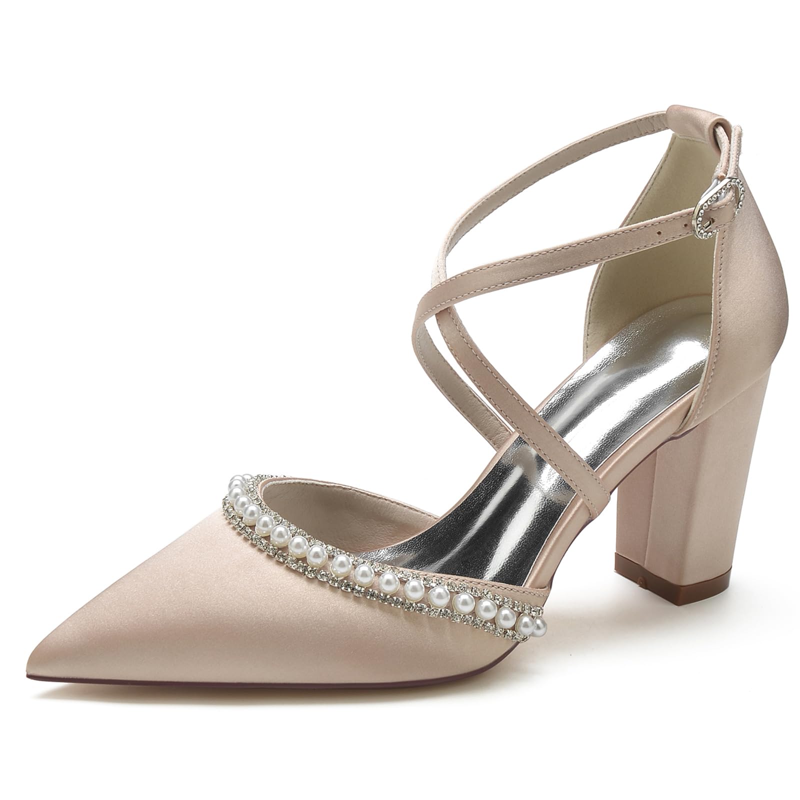 Chaussures mariage à talons carrés anti-fatigue avec bride perlée