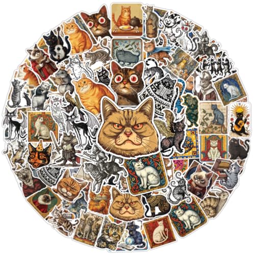64PCS Medieval Cat Stickers – Artistic Retro Feline Vinyl Decals for Cat Lovers Laptop, Water Bottle, Scrapbook, Journal