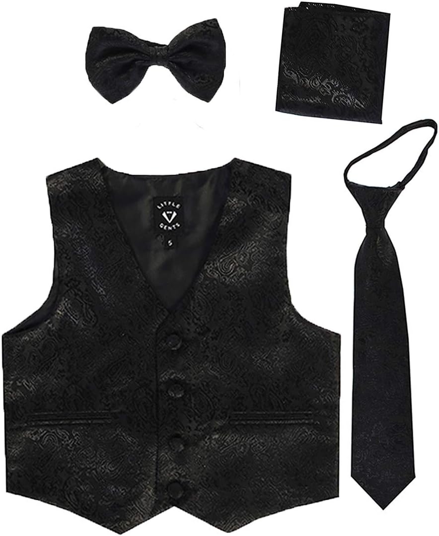 7928 Boys Black Tuxedo Set w/Bow Tie & Necktie (18-24M, Black Paisley)