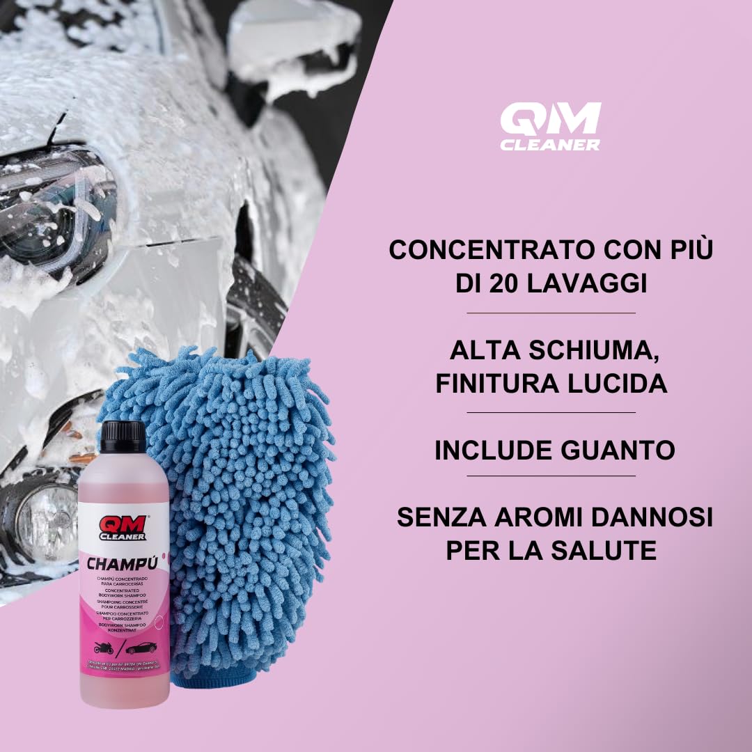 QM Cleaner Kit di Pulizia e Lucidatura per Carrozzeria Auto e Moto | Kit esterno Include Shampoo Concentrato 500ml, Cera Liquida di Carnauba 500 ml, 1 Guanto e 2 Panni in Microfibra